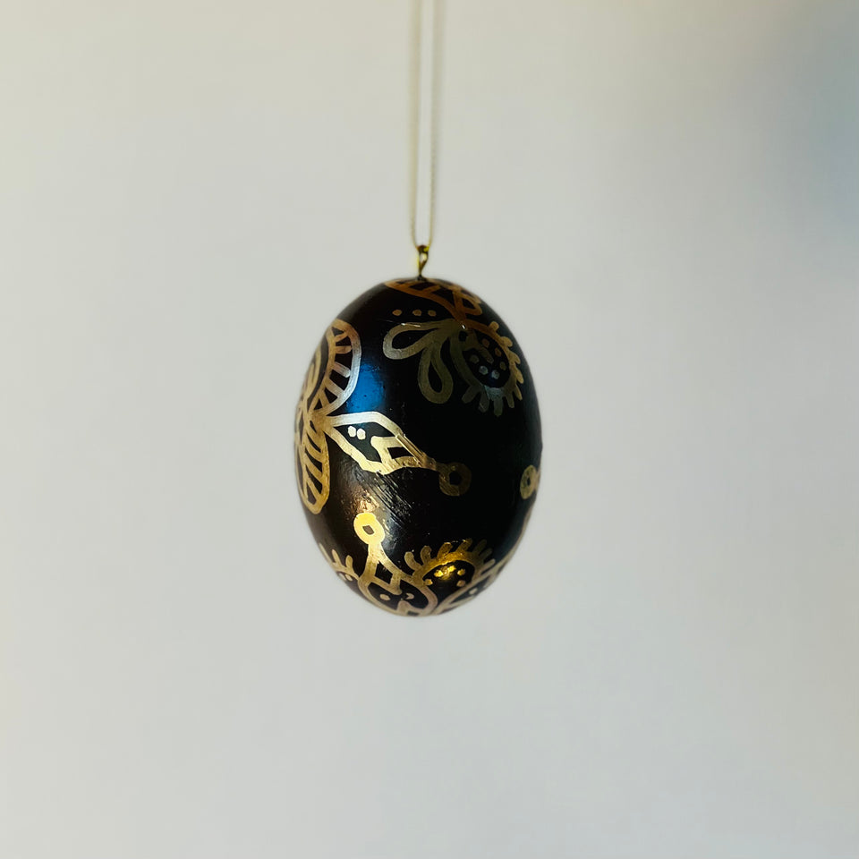 Wooden Egg Ornament in Walnut Stain with Gold Detail