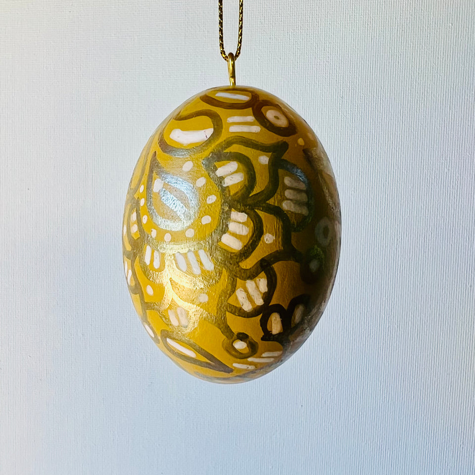 Wooden Egg Ornament in Mustard with Gold Detail