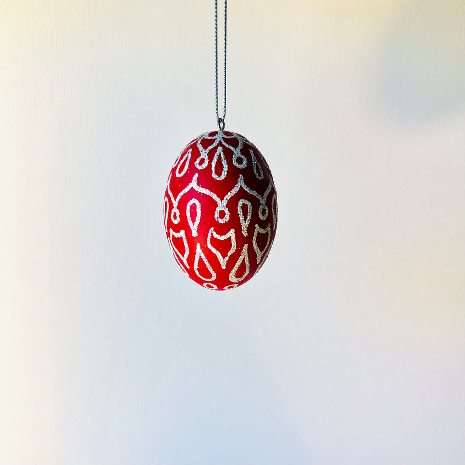 Wooden Egg Ornament in Red with White and Silver Detail