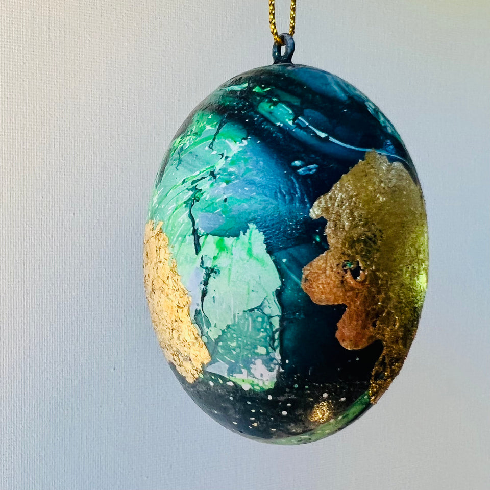 Wooden Egg Ornament in Green and Gold Detail