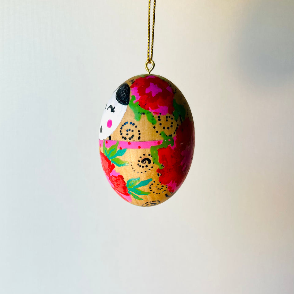 Wooden Egg Ornament with Hand-Painted Doll and Flowers in Pink