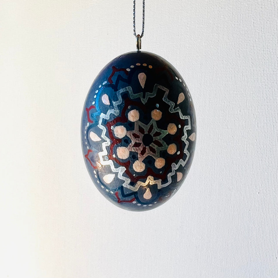 Wooden Egg Ornament in Dusty Blue with White Silver Pink and Red Detail