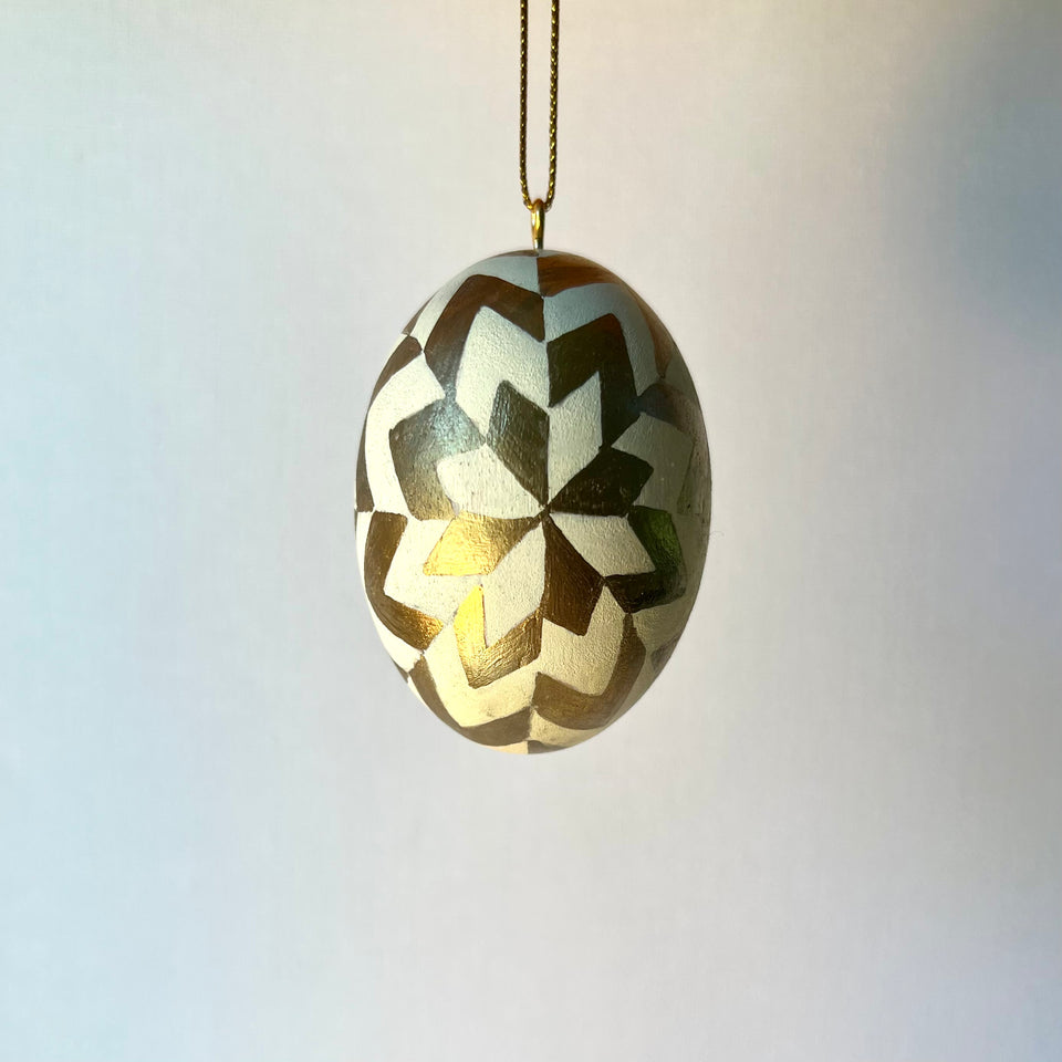 Wooden Egg Ornament in Ivory and Gold Detail