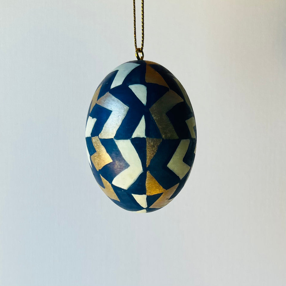 Wooden Egg Ornament in Navy, Ivory and Gold Detail