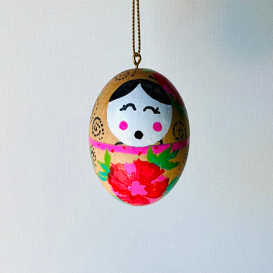 Wooden Egg Ornament with Hand-Painted Doll and Flowers in Pink