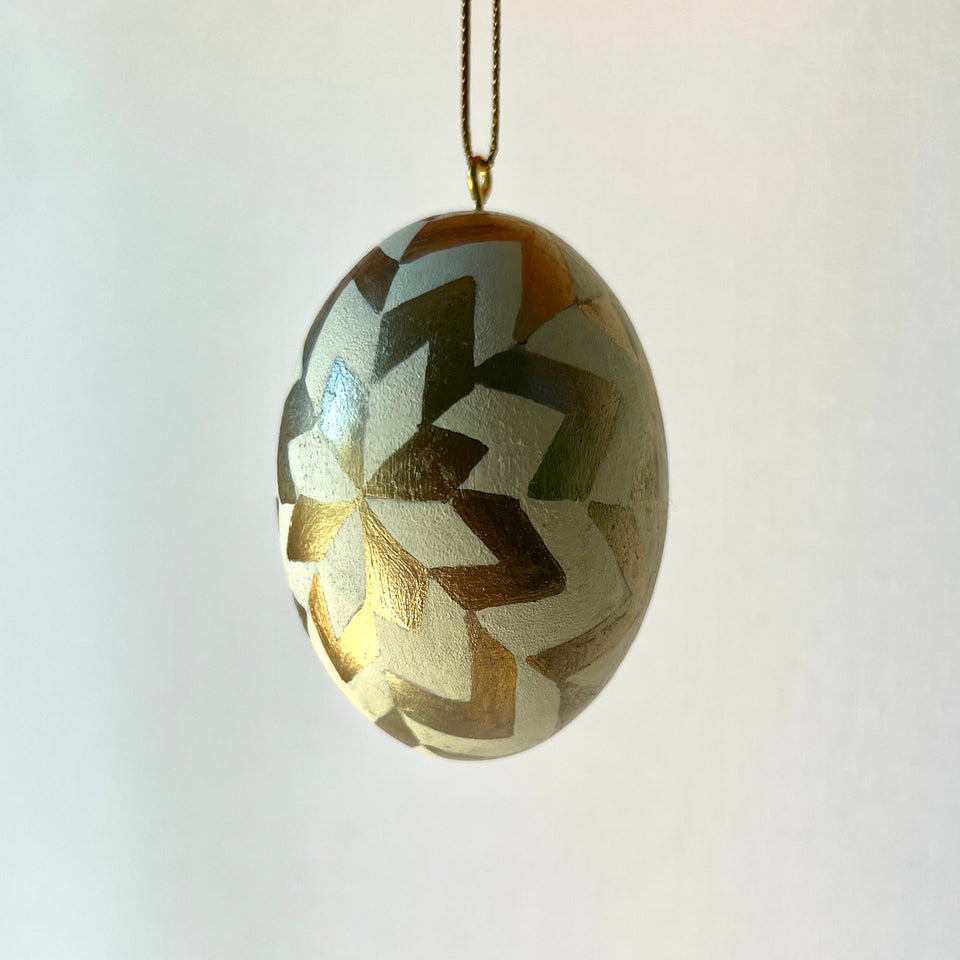 Wooden Egg Ornament in Ivory and Gold Detail