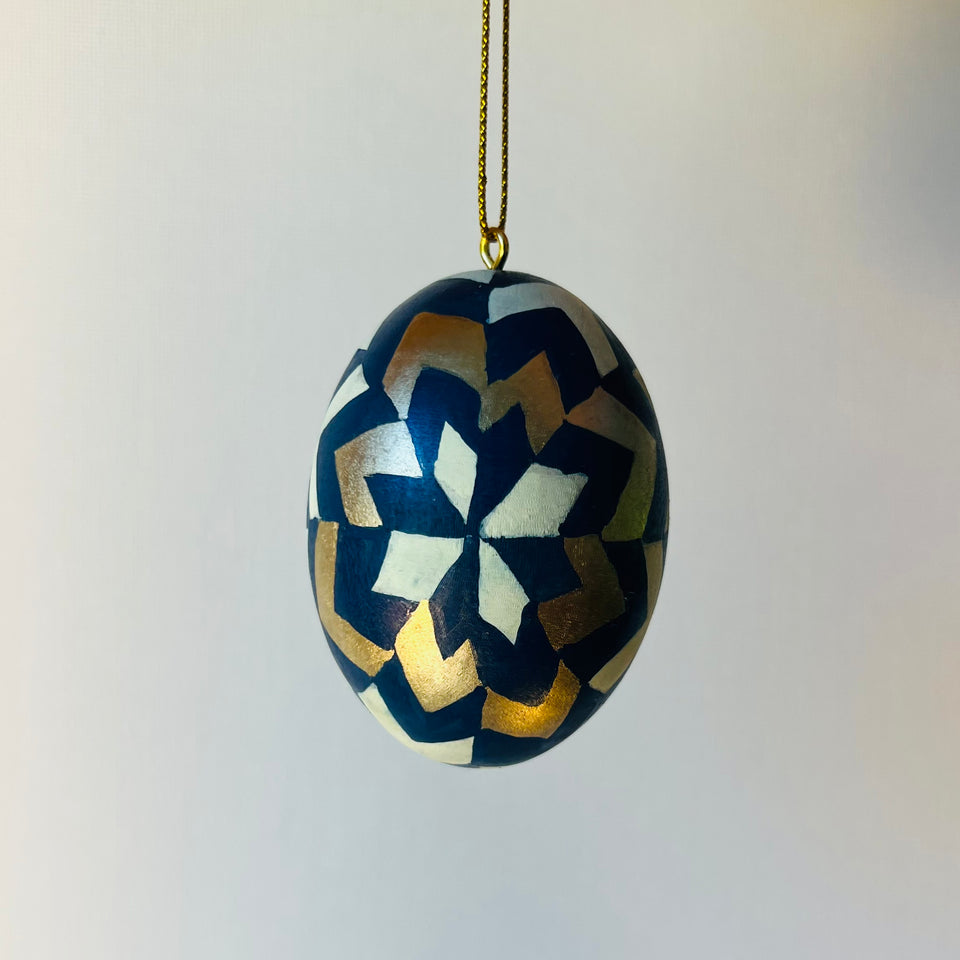 Wooden Egg Ornament in Navy, Ivory and Gold Detail