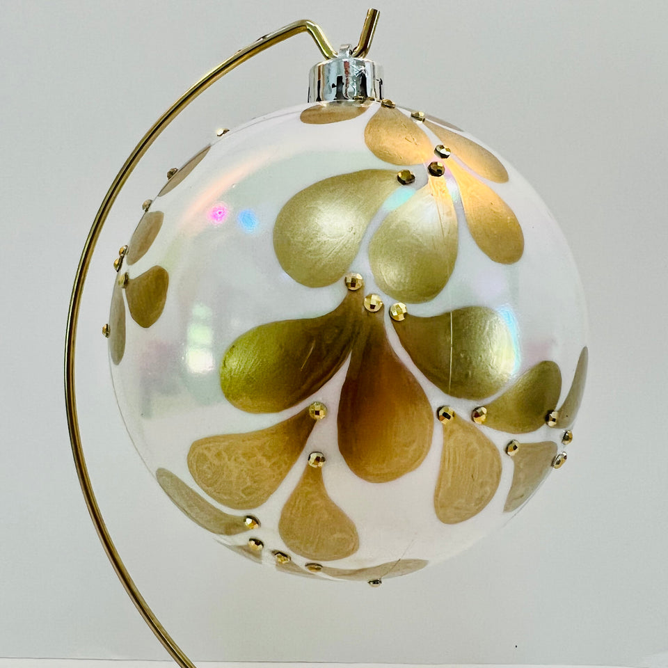 Extra Large White Shatterproof Ornament with Hand-painted Gold Pattering with Gold Beading