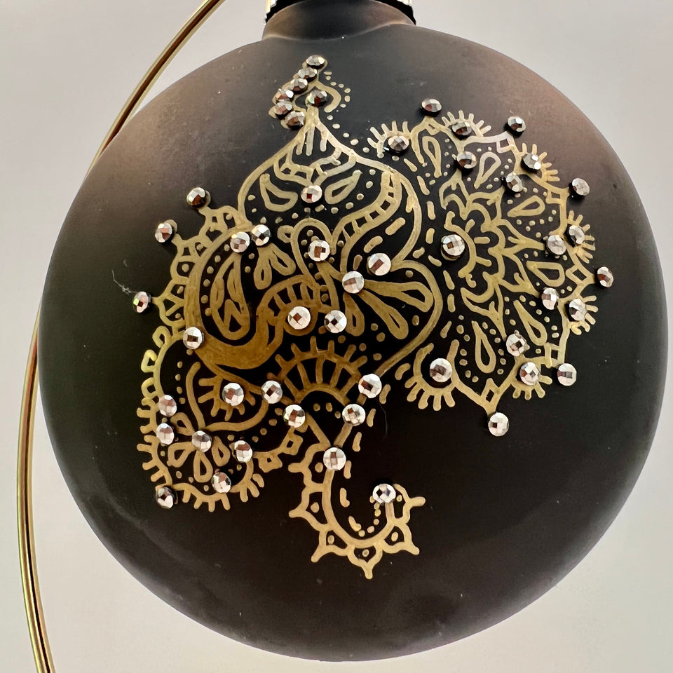 Black Shatterproof Ornament with Hand-painted Gold Mandala with Silver Beading