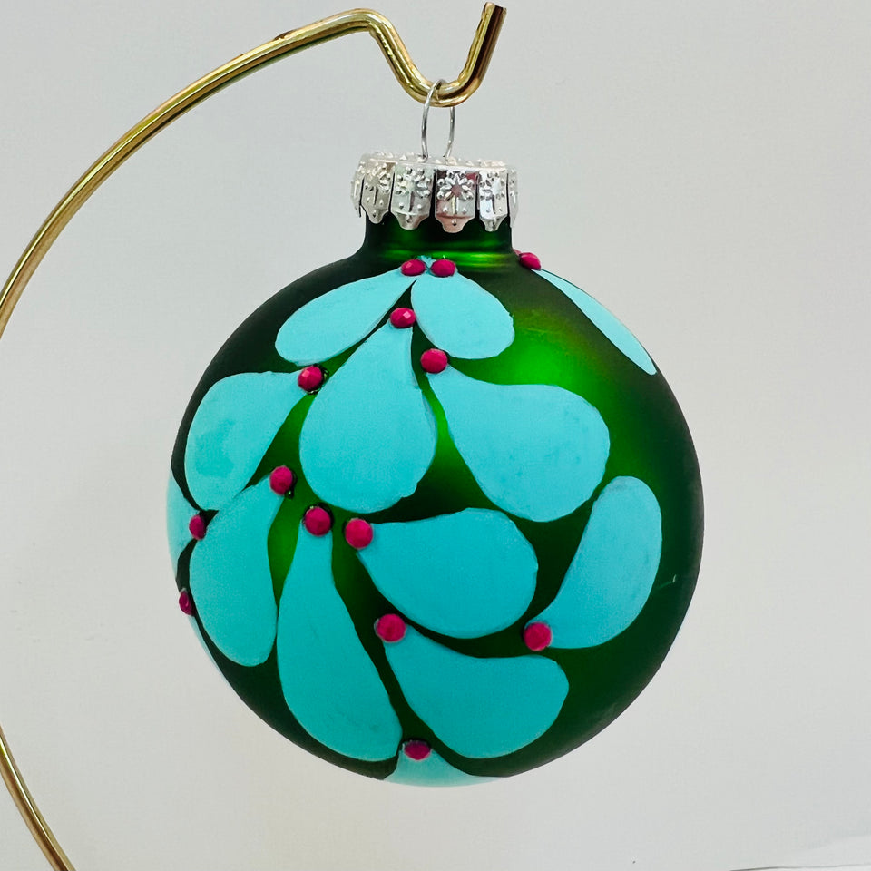 Green Glass Ornament with Hand-painted Aqua Design and Pink Beading