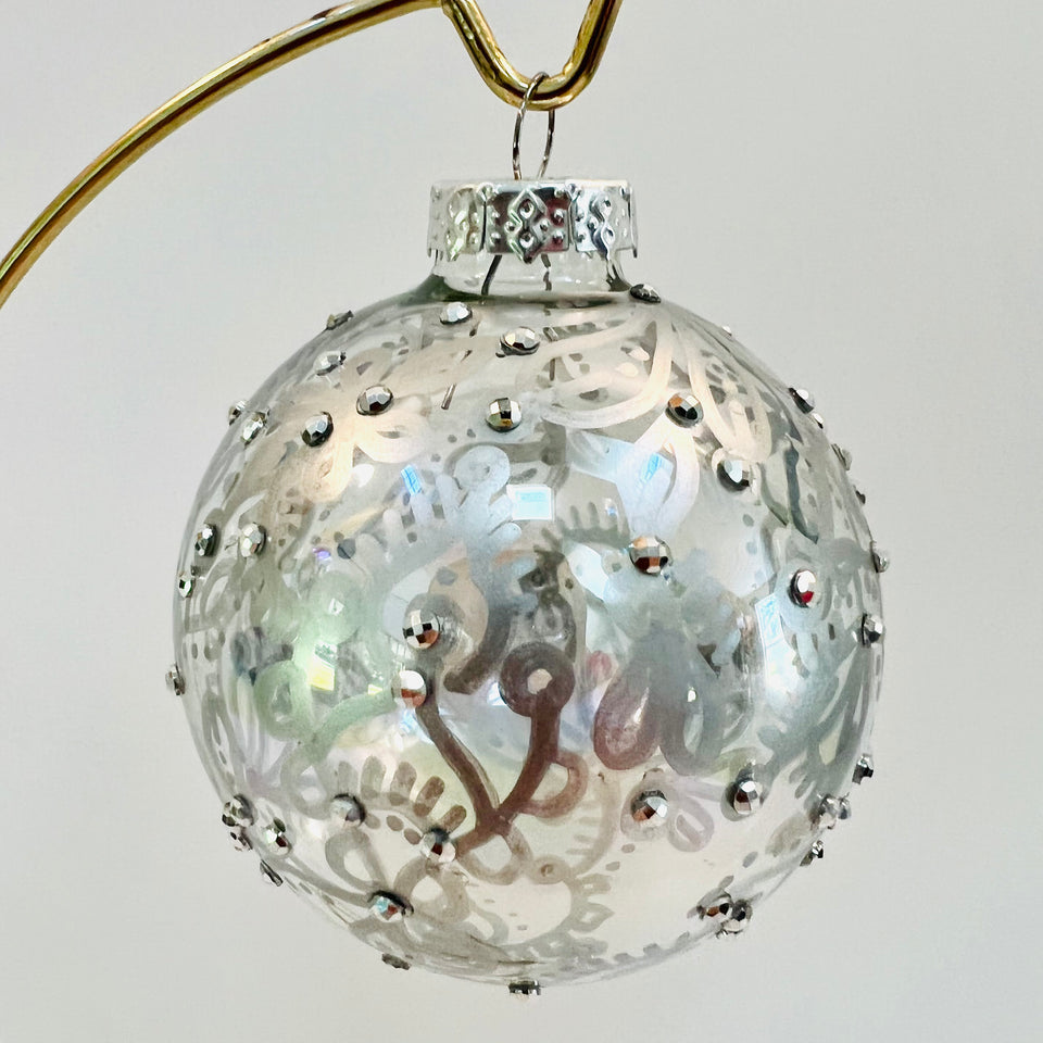 Clear Glass Ornament with Hand-painted Silver Pattering with Silver Beading