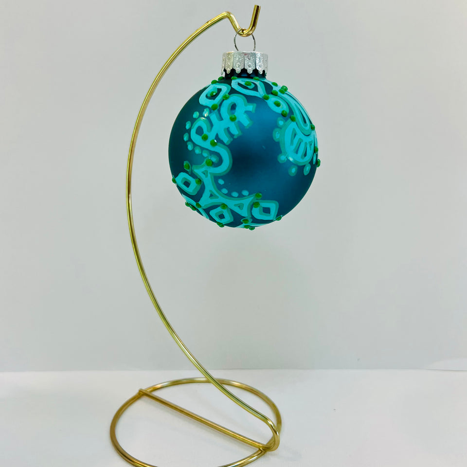 Turquoise Glass Ornament with Hand-painted Aqua Design and Green Beading