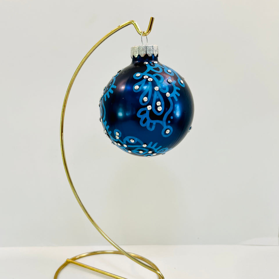 Blue Glass Ornament with Hand-painted Blue Pattering with Silver Beading