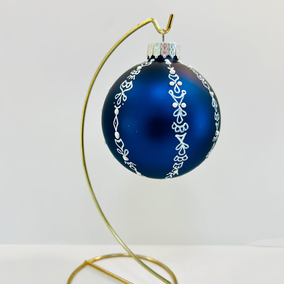 Large Blue Glass Ornament with Hand-painted White Pattering with White Beading