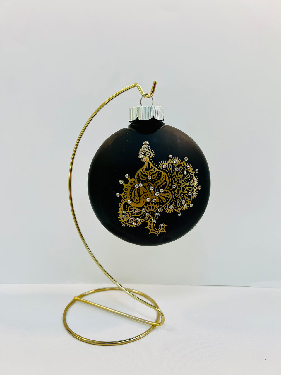 Black Shatterproof Ornament with Hand-painted Gold Mandala with Silver Beading