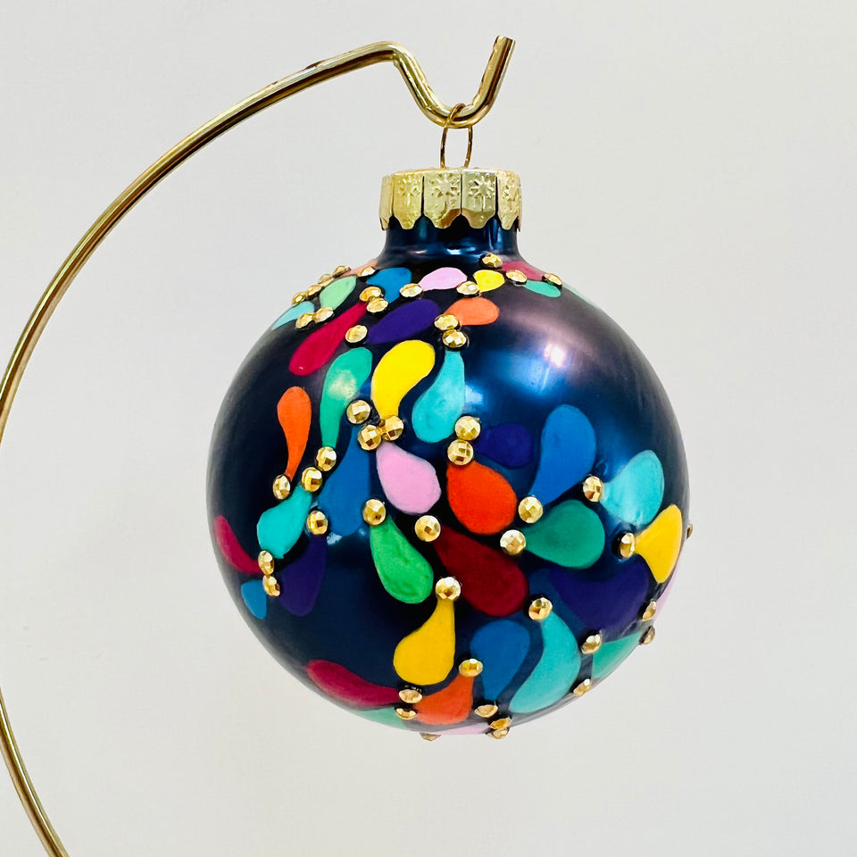 Navy Glass Ornament with Hand-painted Design and White Beading