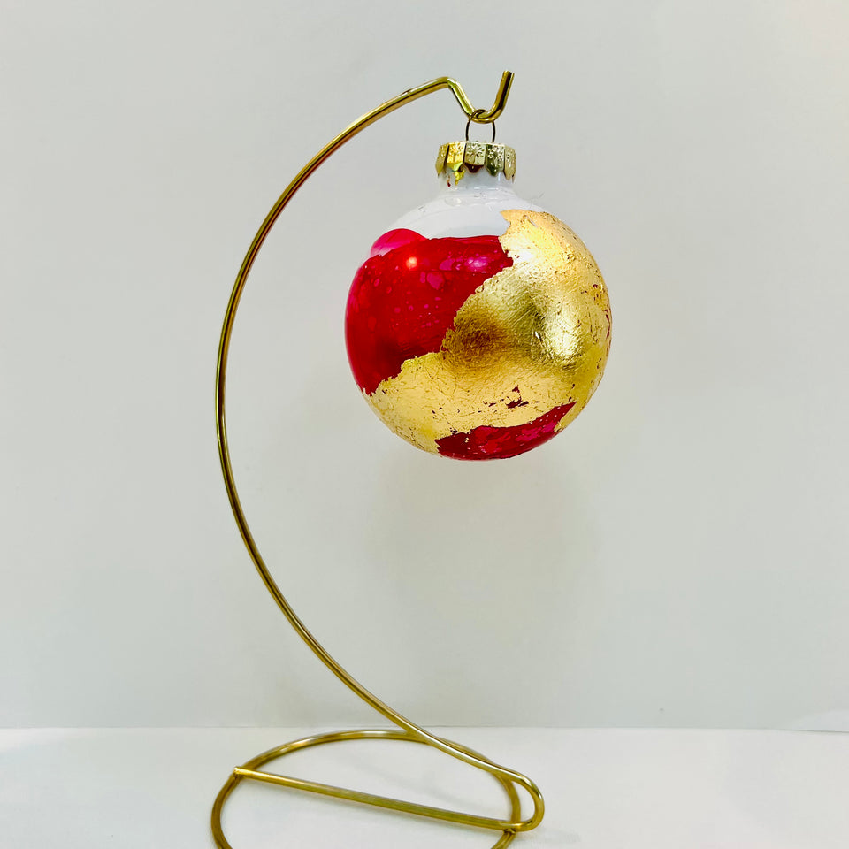 White Glass Ornament with Hand-painted Fuchsia and Gold Leaf Design