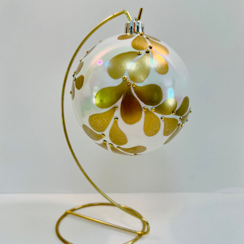 Extra Large White Shatterproof Ornament with Hand-painted Gold Pattering with Gold Beading
