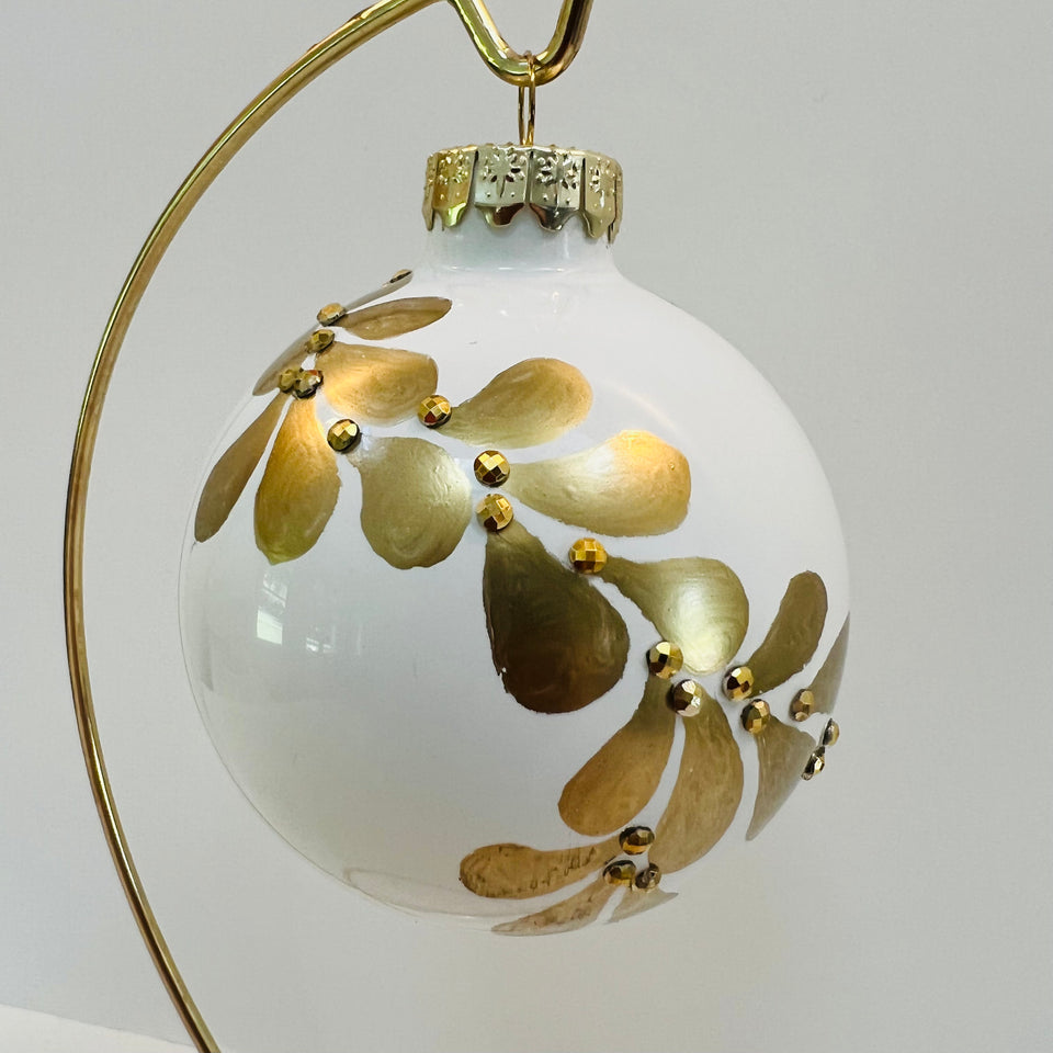 White Glass Ornament with Hand-painted Gold Pattering with Gold Beading