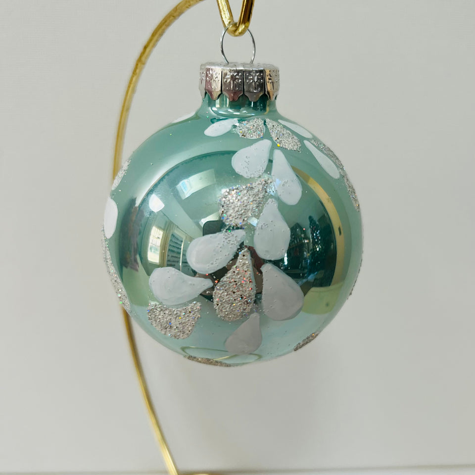 Aqua Glass Ornament with White and Frosted Hand-Painted Design