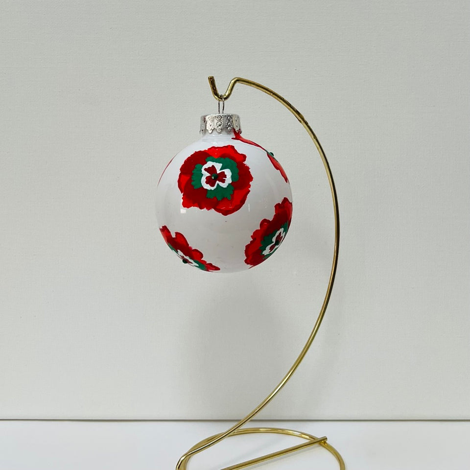 White Glass Ornament with Red and Green Hand-Painted Flowers