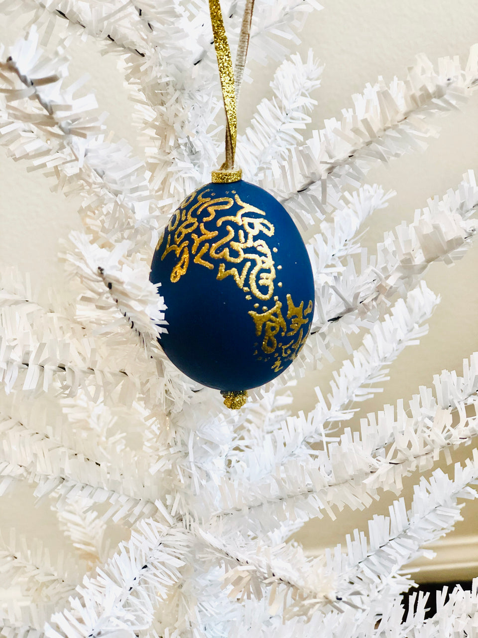 Real Egg Ornament with Navy & Metallic Gold Detail
