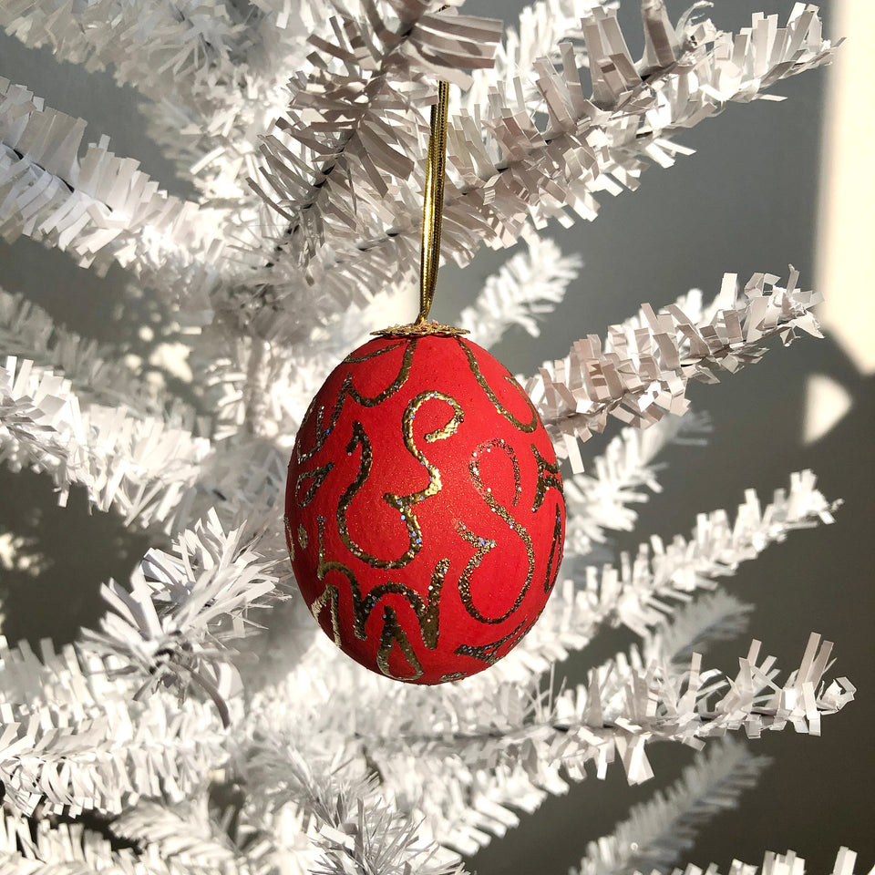 Real Egg Ornament with Red & Metallic Gold Detail