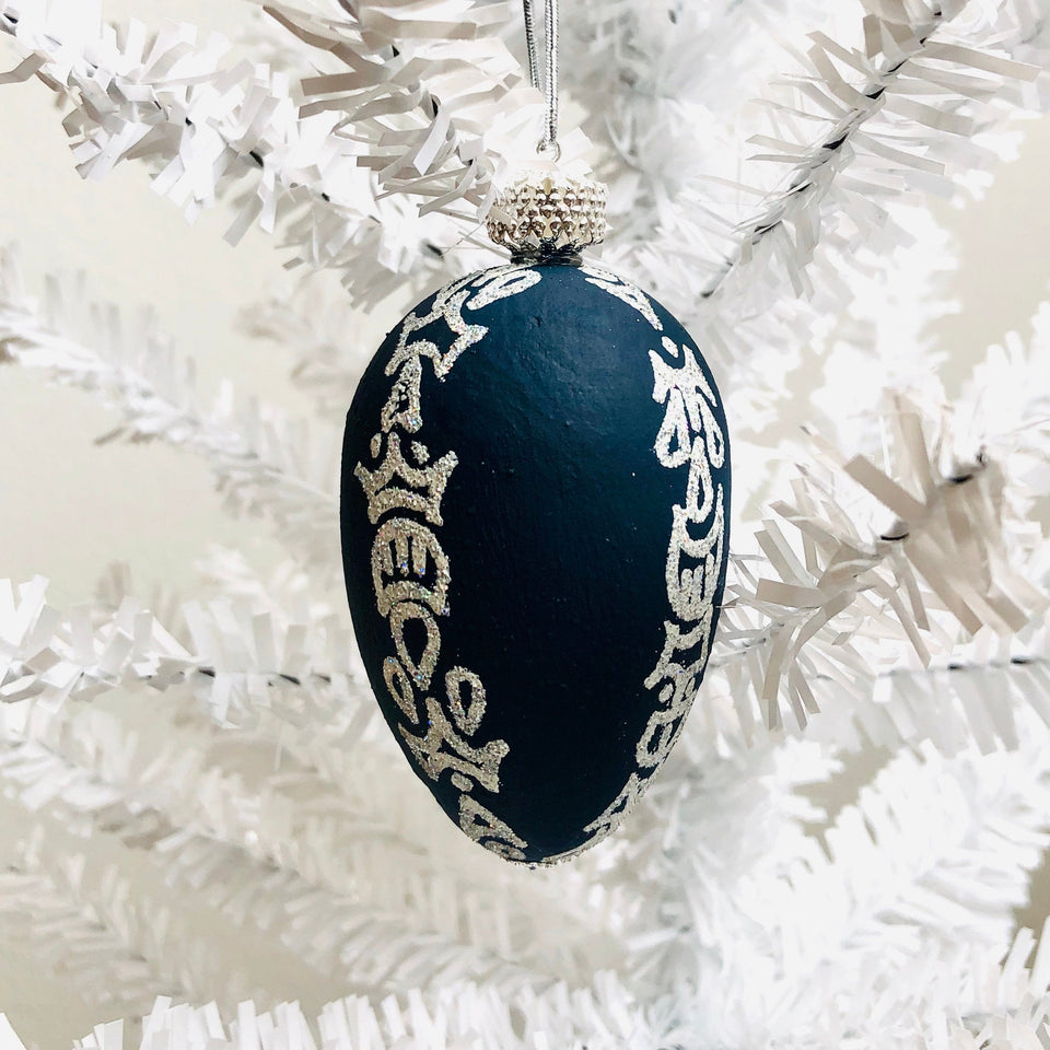 Wooden Egg Ornament with Blue & Silver Detail