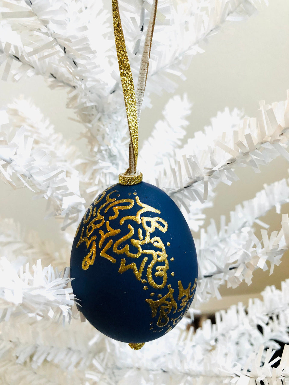 Real Egg Ornament with Navy & Metallic Gold Detail