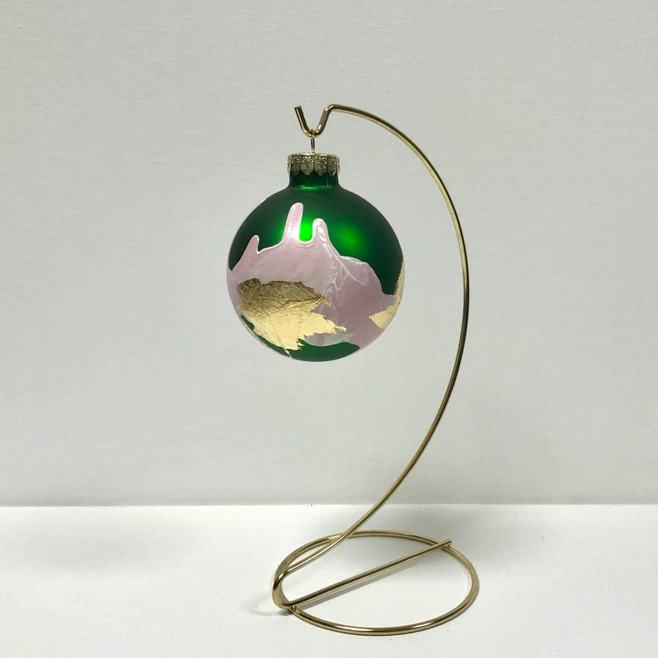 Green Glass Ornament with Hand-painted Pink & White Design with Gold Leaf Detail