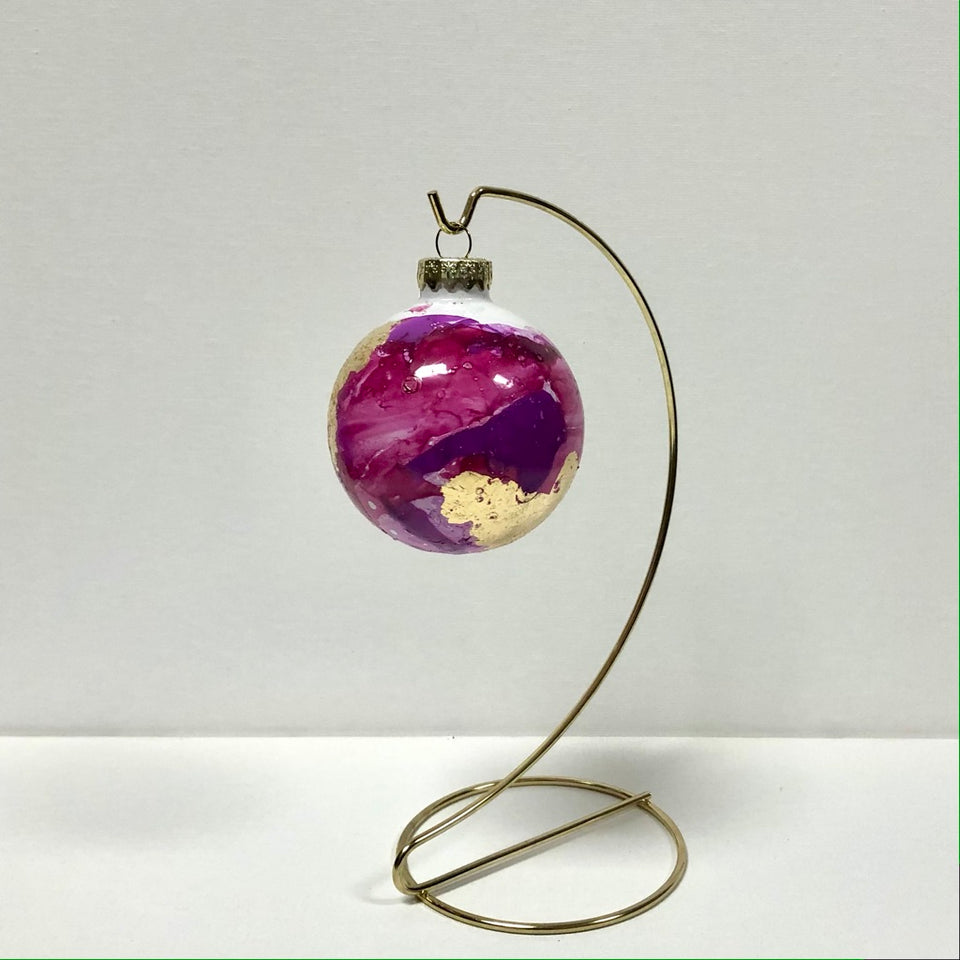 White Glass Ornament with Hand-painted Pink and Gold Leaf Design