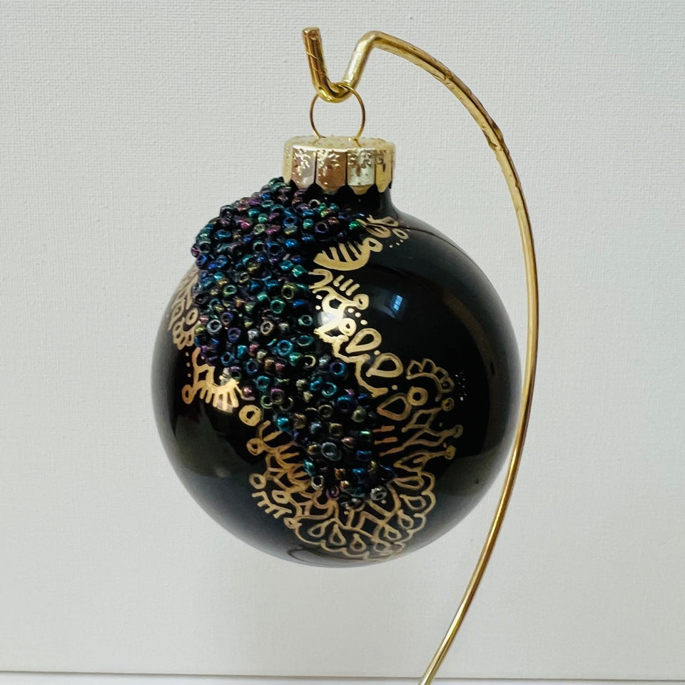 Black Glass Ornament with Gold Patterning and Multi-Colored Beading