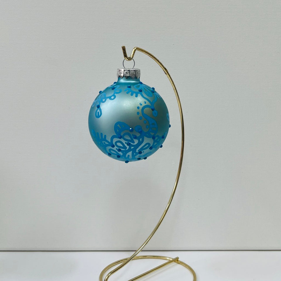 Sky Blue Glass Ornament with Hand-Painted Blue Design
