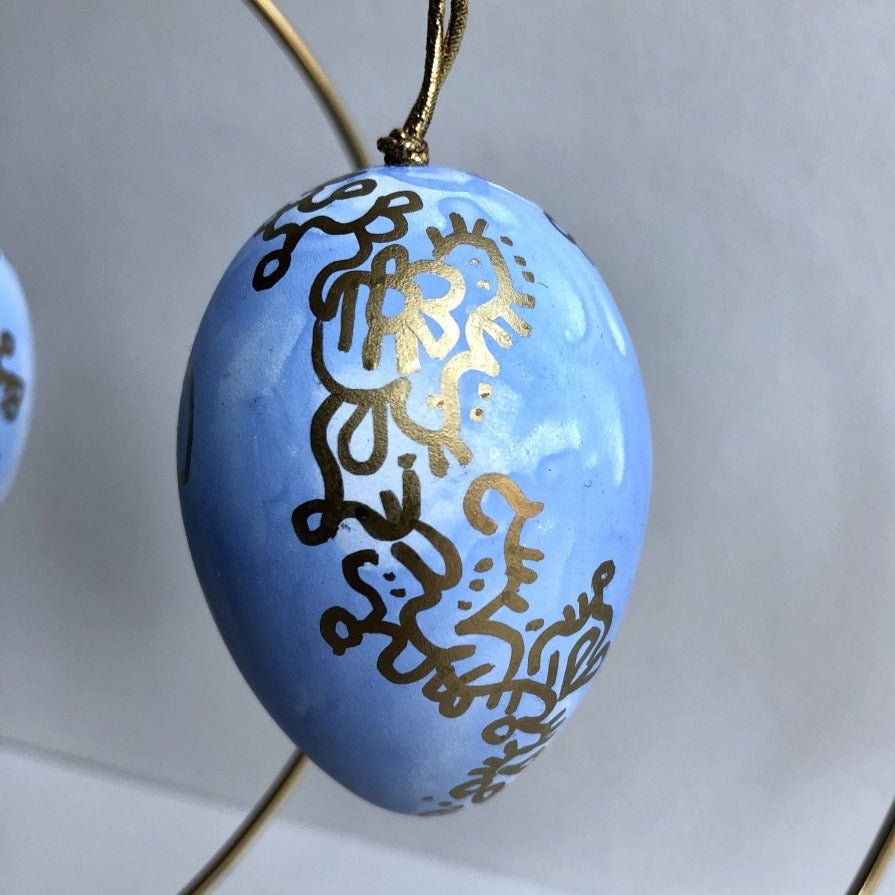 Hand-Painted Egg Ornaments with Periwinkle and Gold Detail