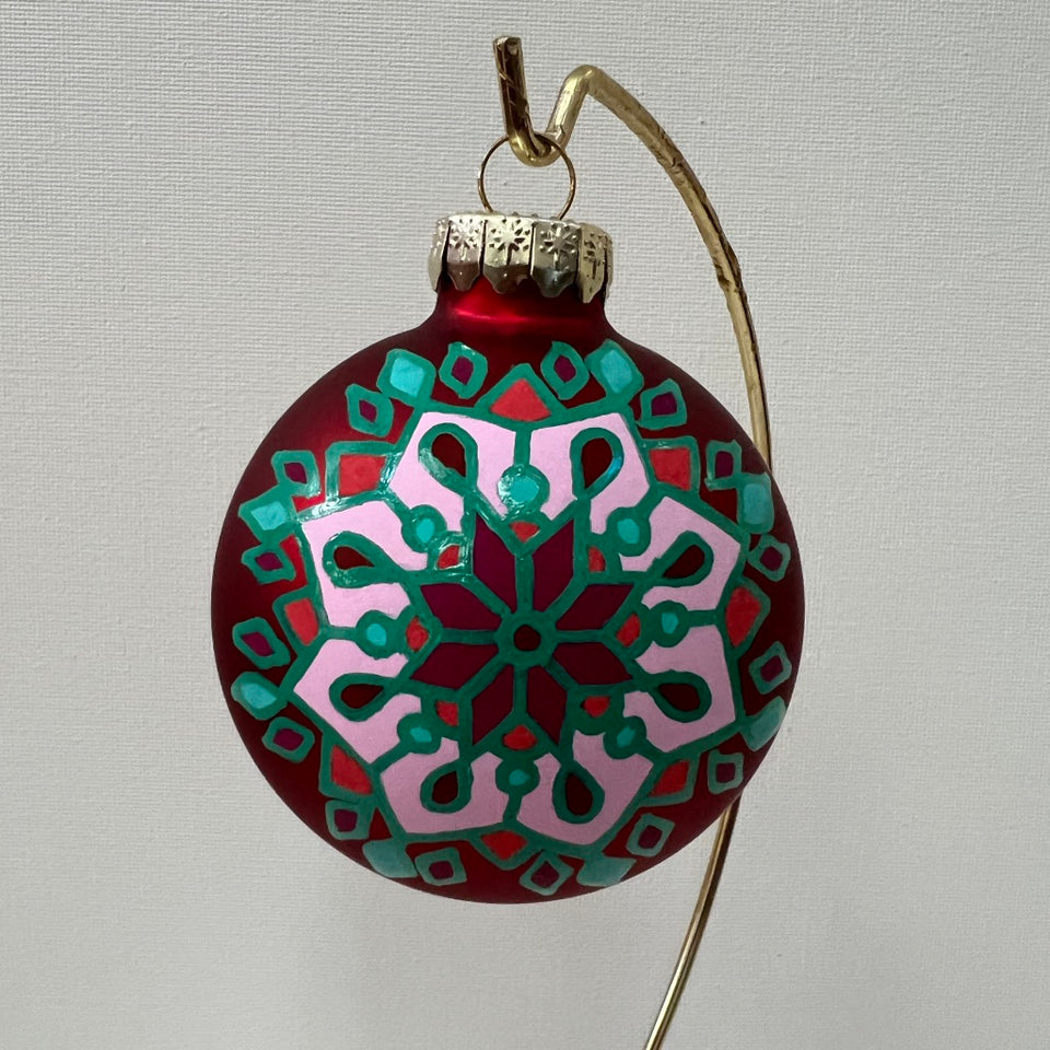 Red Glass Ornament with Hand-Painted Green and Multi-Colored Mandala