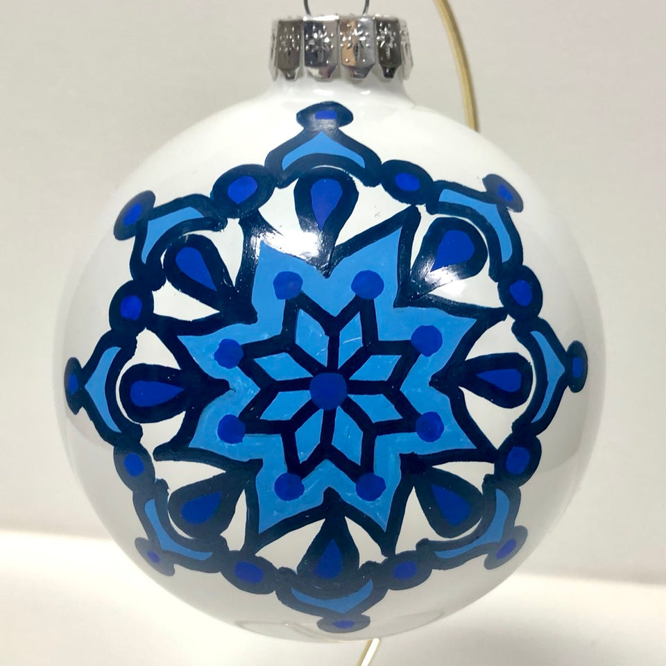 Extra Large White Glass Ornament with Hand-painted Blue Mandala