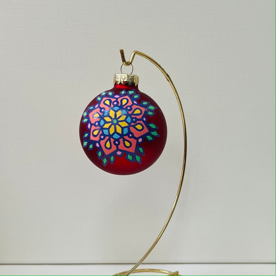 Red Glass Ornament with Hand-Painted Mulit-Colored Mandala