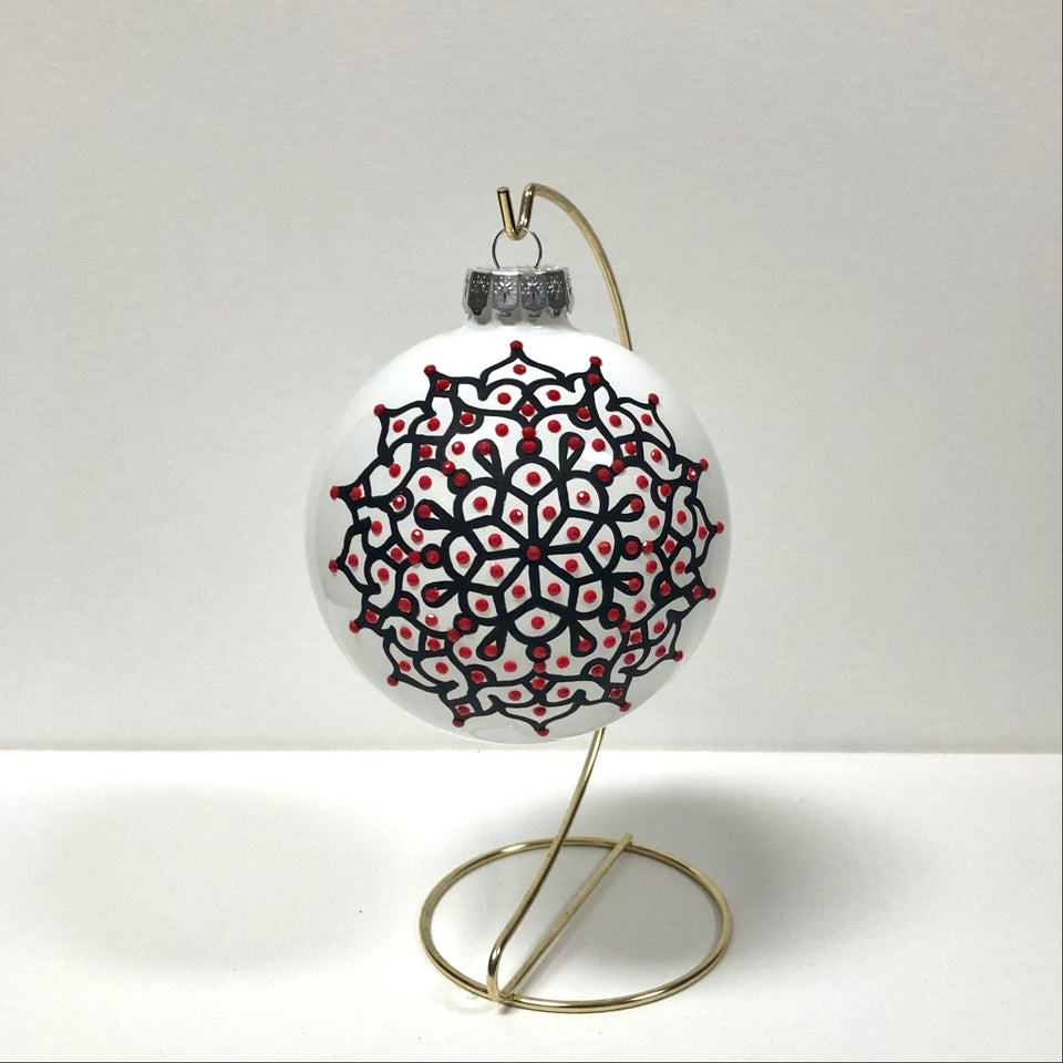 Extra Large White Glass Ornament with Hand-painted Black Mandala with Red Beading