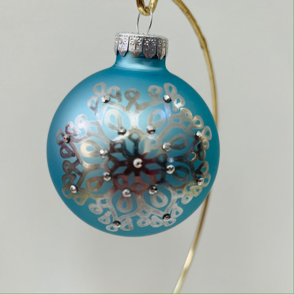 Sky Blue Glass Ornament with Hand-Painted Silver Mandala