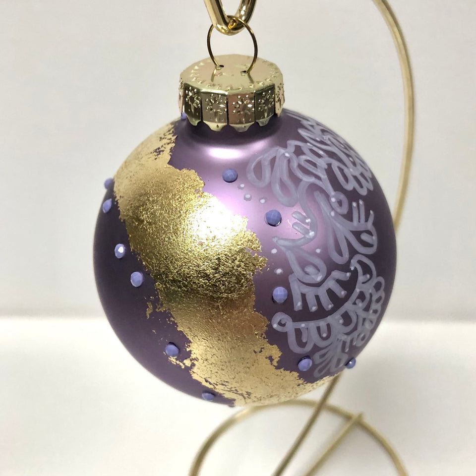 Lavender Glass Ornament with Hand-painted Lavender Design with Purple Beading and Gold Leaf Detail