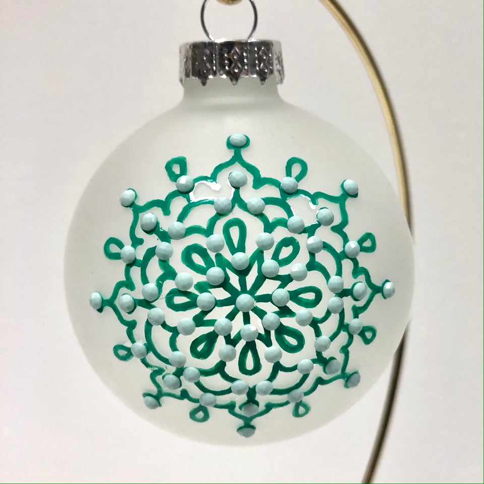 Frosted Glass Ornament with Hand-painted Green Mandala with Green Beading