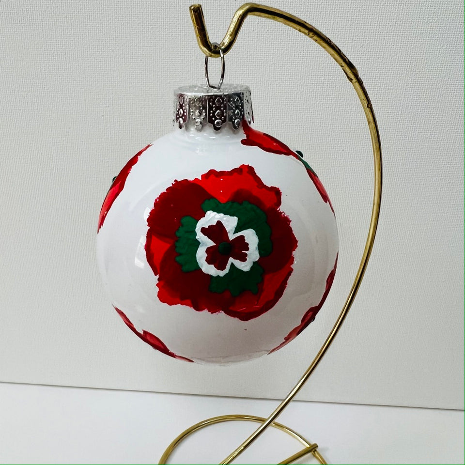 White Glass Ornament with Red and Green Hand-Painted Flowers