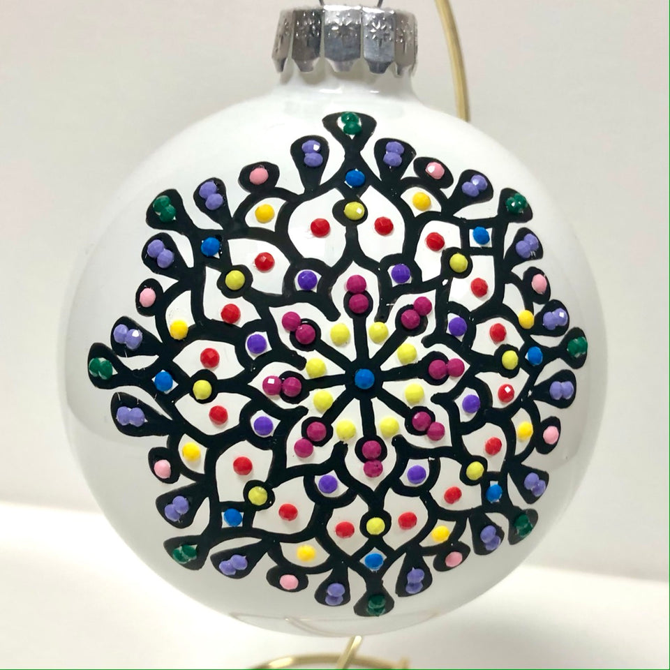 Extra Large White Glass Ornament with Hand-painted Black Mandala with Multi-Colored Beading