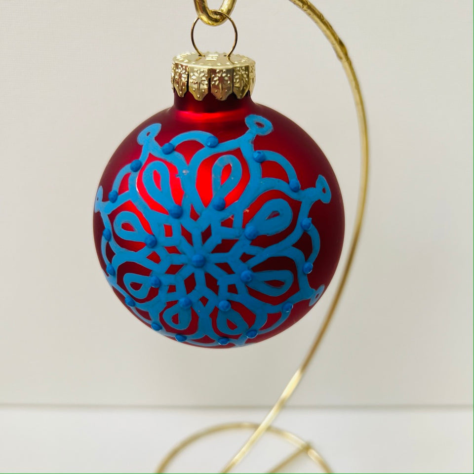 Red Glass Ornament with Hand-Painted Blue Mandala