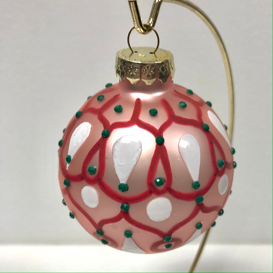 Pink Glass Ornament with Hand-painted Red & White Design with Green Beading