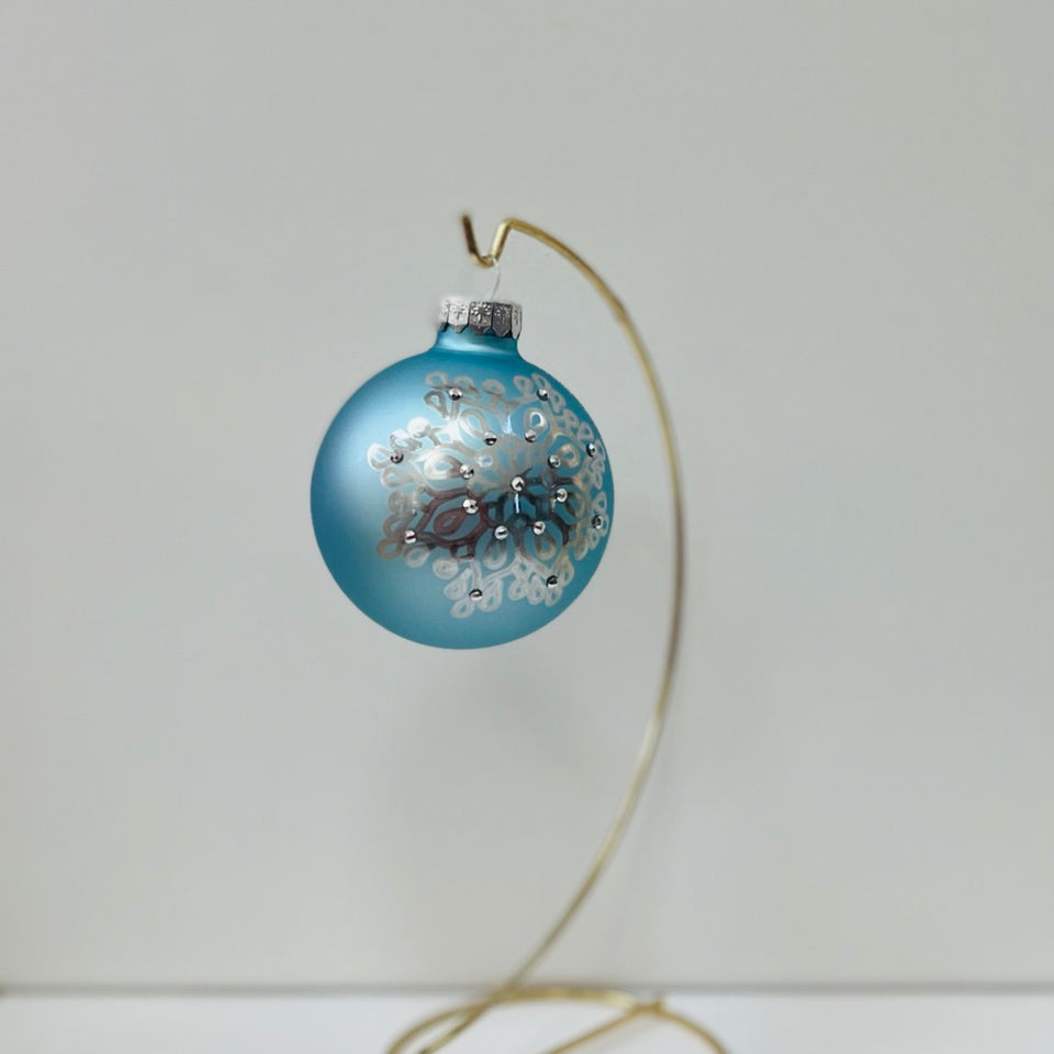 Sky Blue Glass Ornament with Hand-Painted Silver Mandala