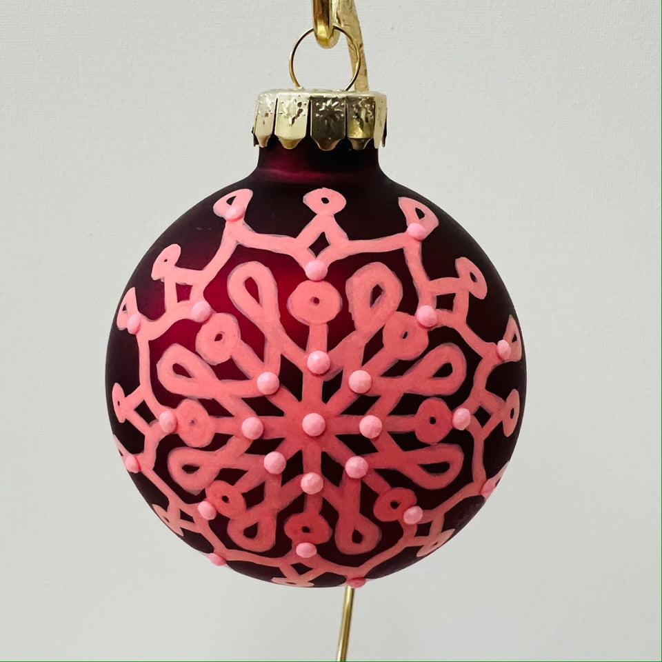 Burgundy Glass Ornament with Hand-Painted Coral Mandala