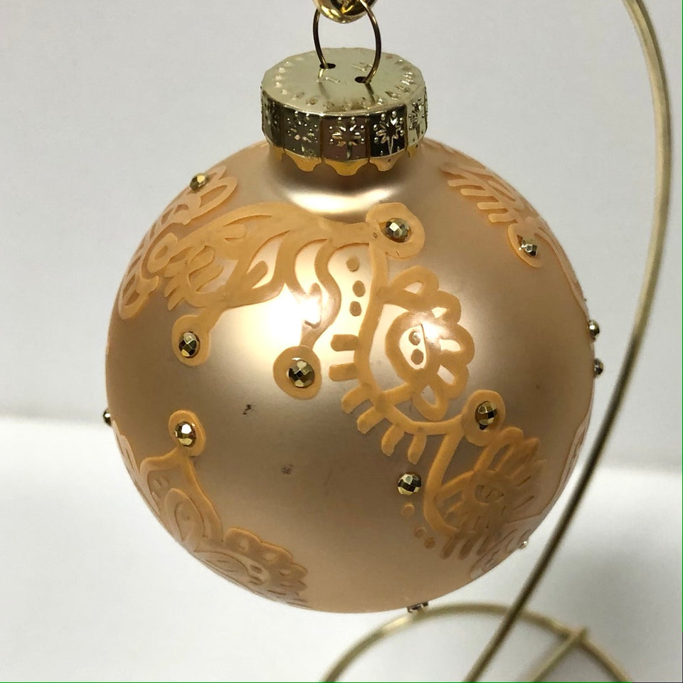 Champagne Glass Ornament with Hand-painted Gold Design with Gold Beading