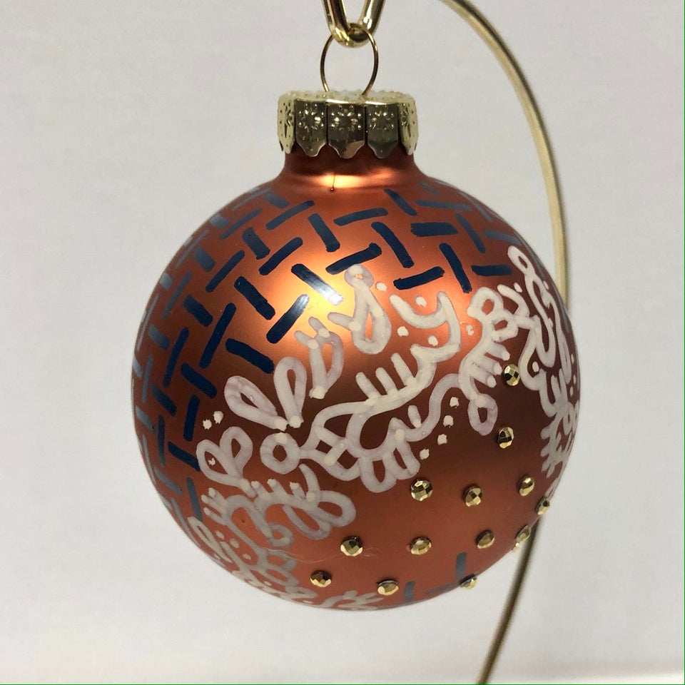 Copper Glass Ornament with Hand-painted Navy & White Detail and Gold beading